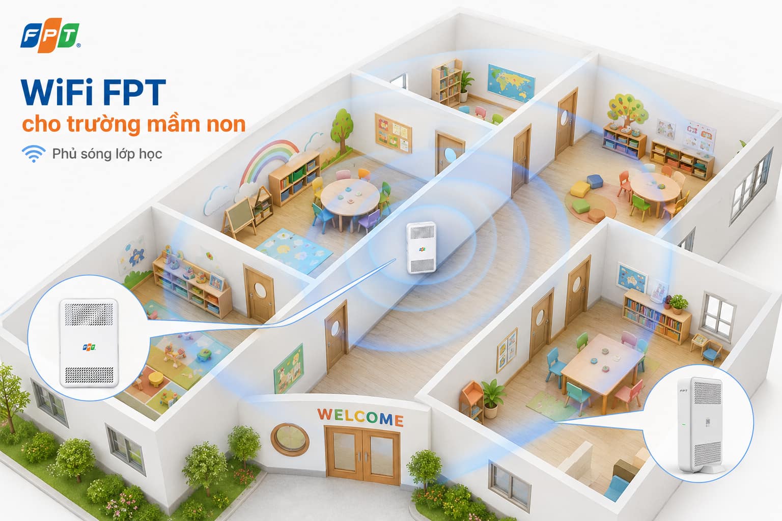 Lớp học mầm non thường có nhiều vách ngăn và cửa gỗ, ảnh hưởng trực tiếp tới vùng phủ sóng