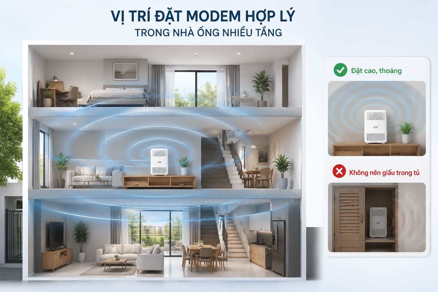 Modem đặt cao và thoáng bốn phía phủ sóng đều hơn hẳn khi giấu trong tủ