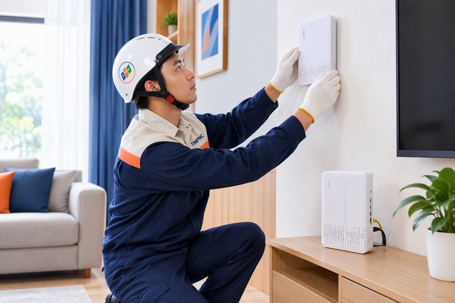 Kỹ thuật viên FPT lắp đặt modem cho gia đình