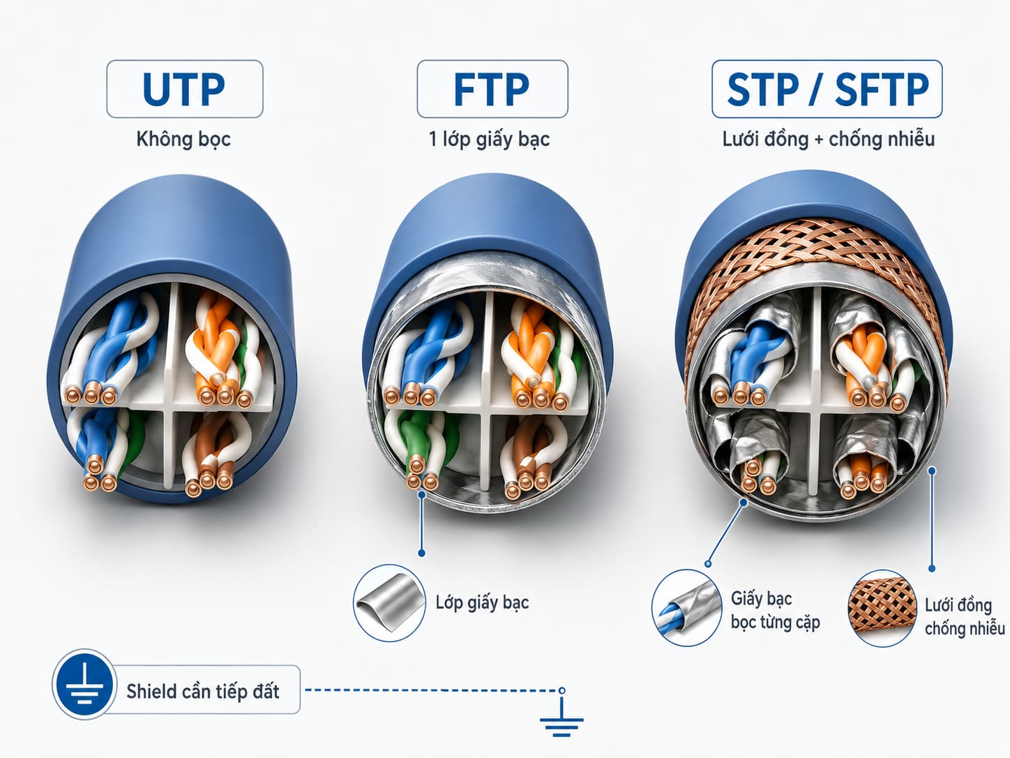 Lớp giấy bạc và lưới đồng là điểm nhận dạng nhanh giữa ba kiểu bọc chống nhiễu