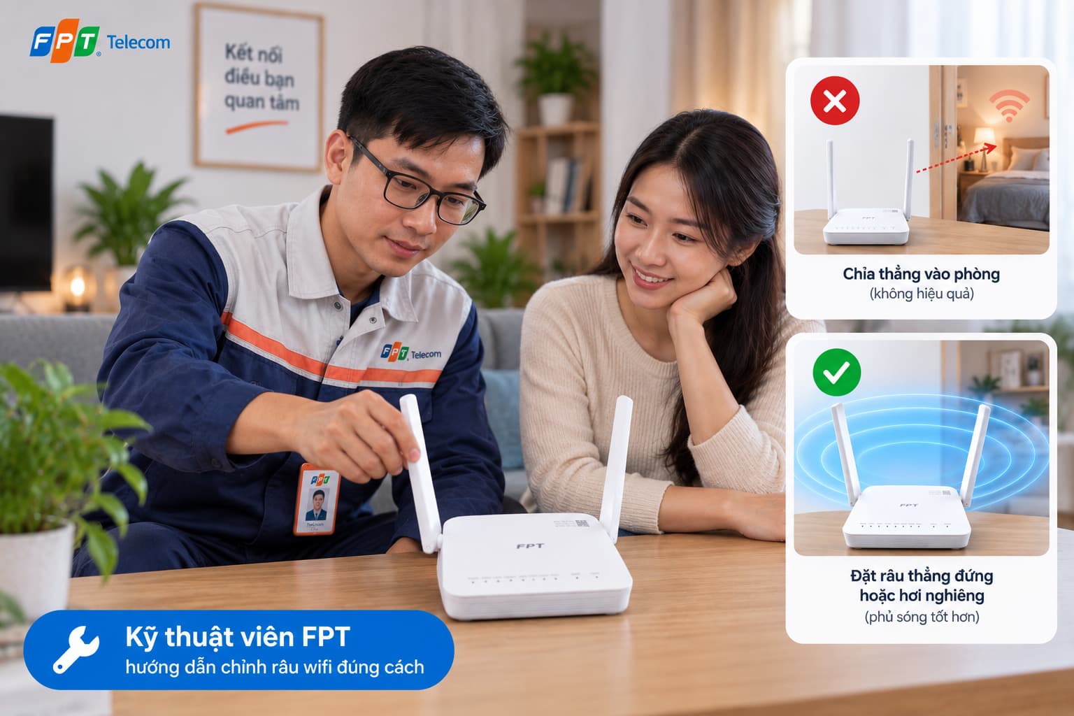 Kỹ thuật viên FPT hướng dẫn chỉnh râu wifi đúng cách