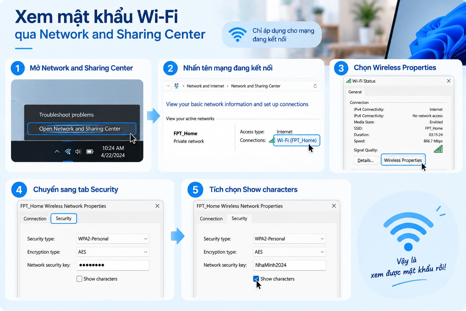 Các bước xem mật khẩu wifi qua Network and Sharing Center