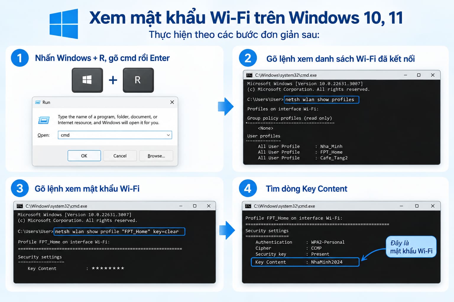 Các bước thực hiện xem mật Khẩu WiFi trên Windows 10, 11