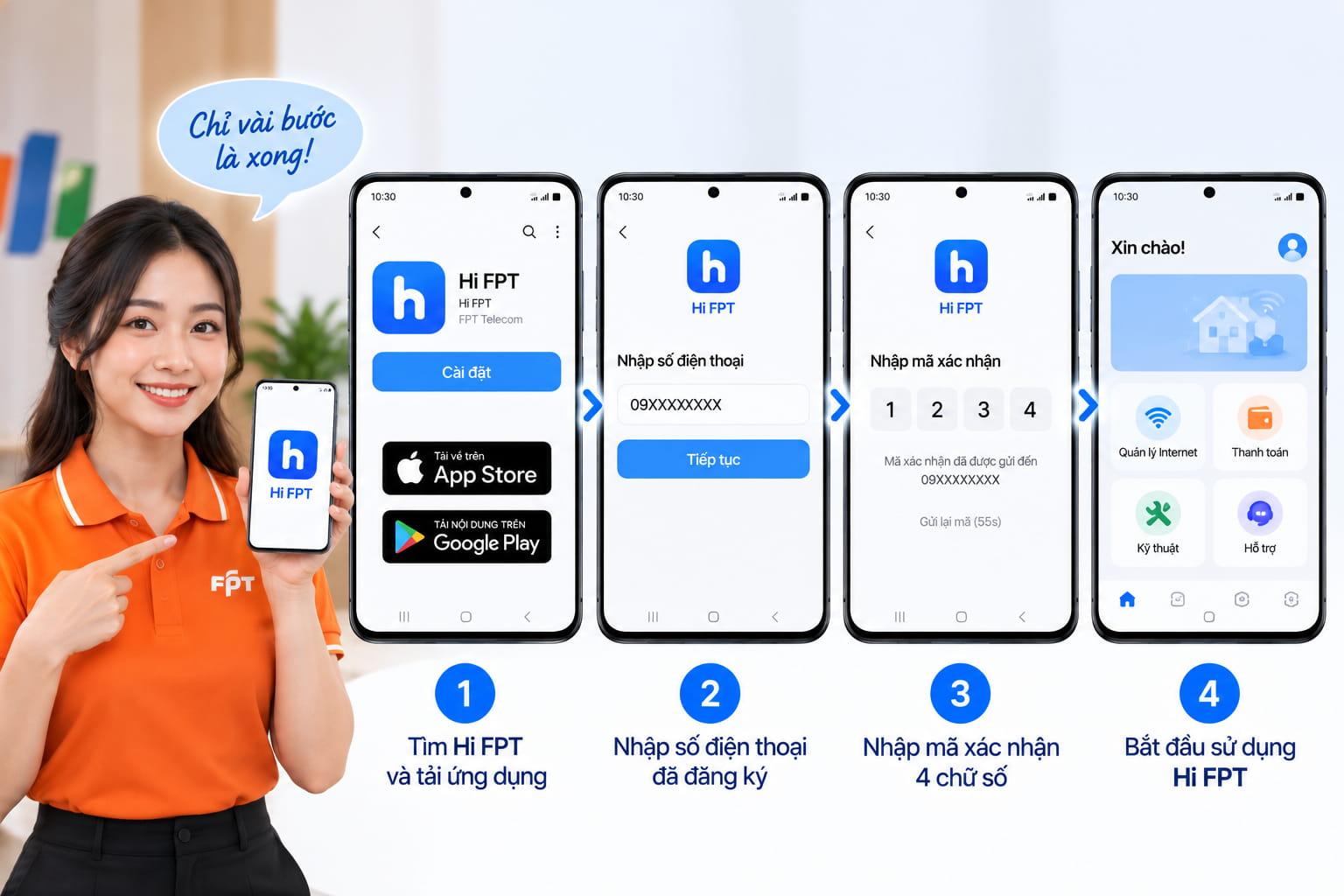 Tìm Hi FPT trên App Store hoặc Google Play