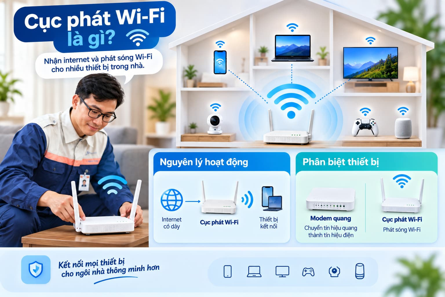 Kỹ thuật viên FPT lắp đặt modem tận nhà