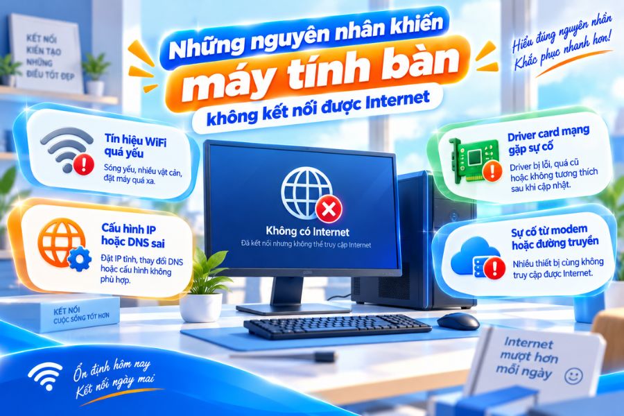 Nguyên nhân lỗi kết nối internet cho máy tính bàn và cách kiểm tra