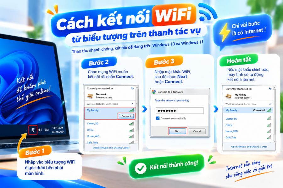 Cách kết nối internet cho máy tính bàn qua WiFi trên Windows