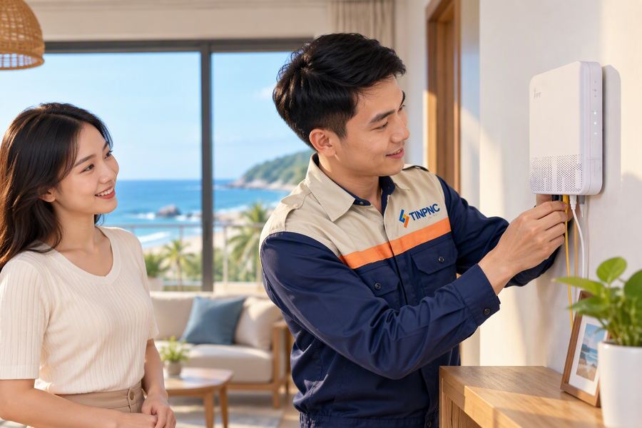 Kỹ thuật viên FPT lắp đặt mạng tại nhà khách hàng Khánh Hòa