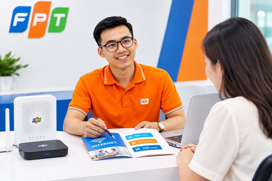 Nhân viên FPT tư vấn gói cước phù hợp cho khách hàng