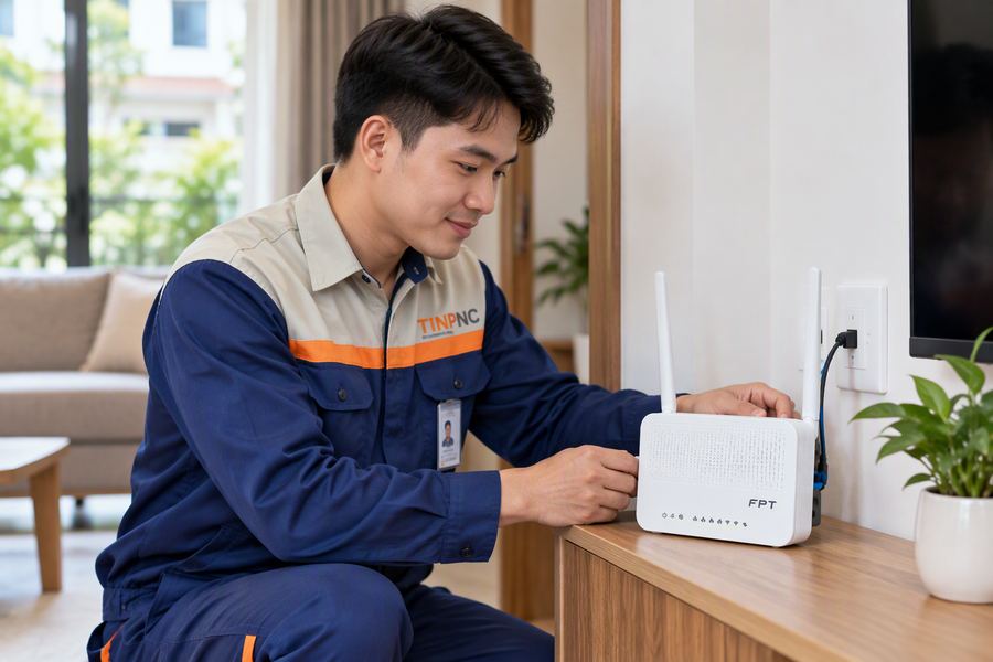 Kỹ thuật viên FPT lắp đặt modem wifi tại nhà
