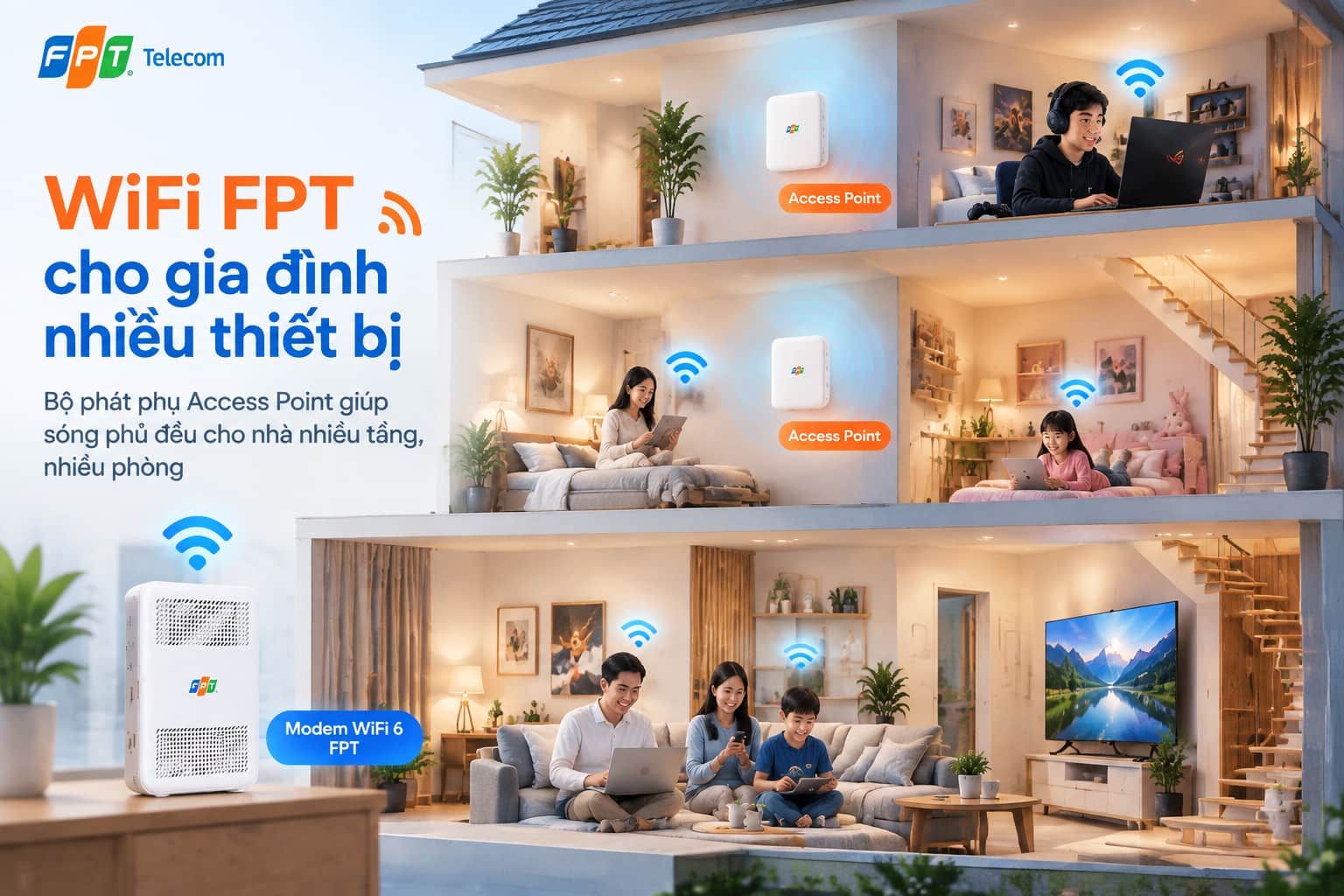 Bộ phát phụ Access Point giúp sóng phủ đều cho nhà nhiều tầng, nhiều phòng