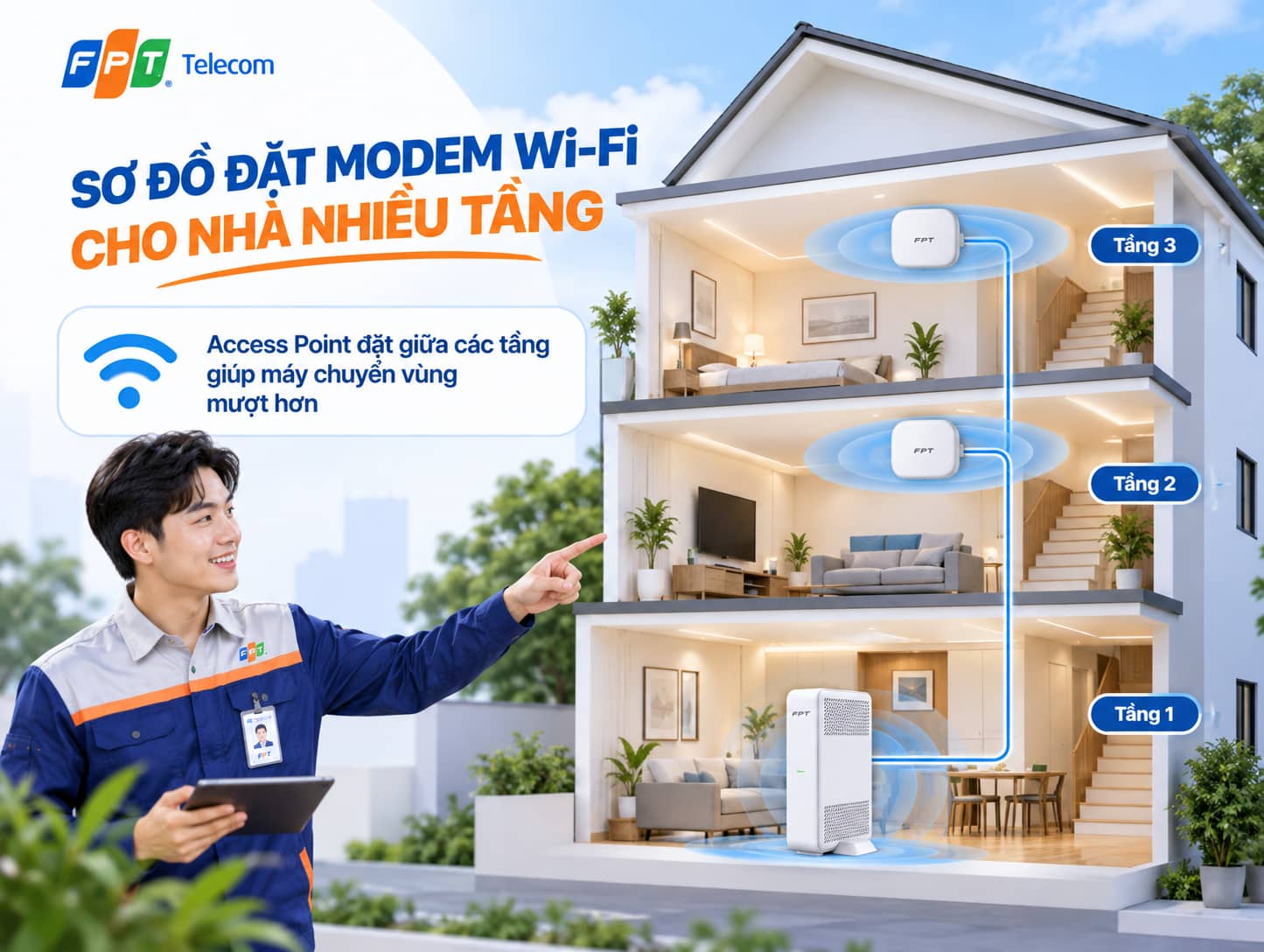 Access Point đặt giữa các tầng giúp máy chuyển vùng mượt hơn