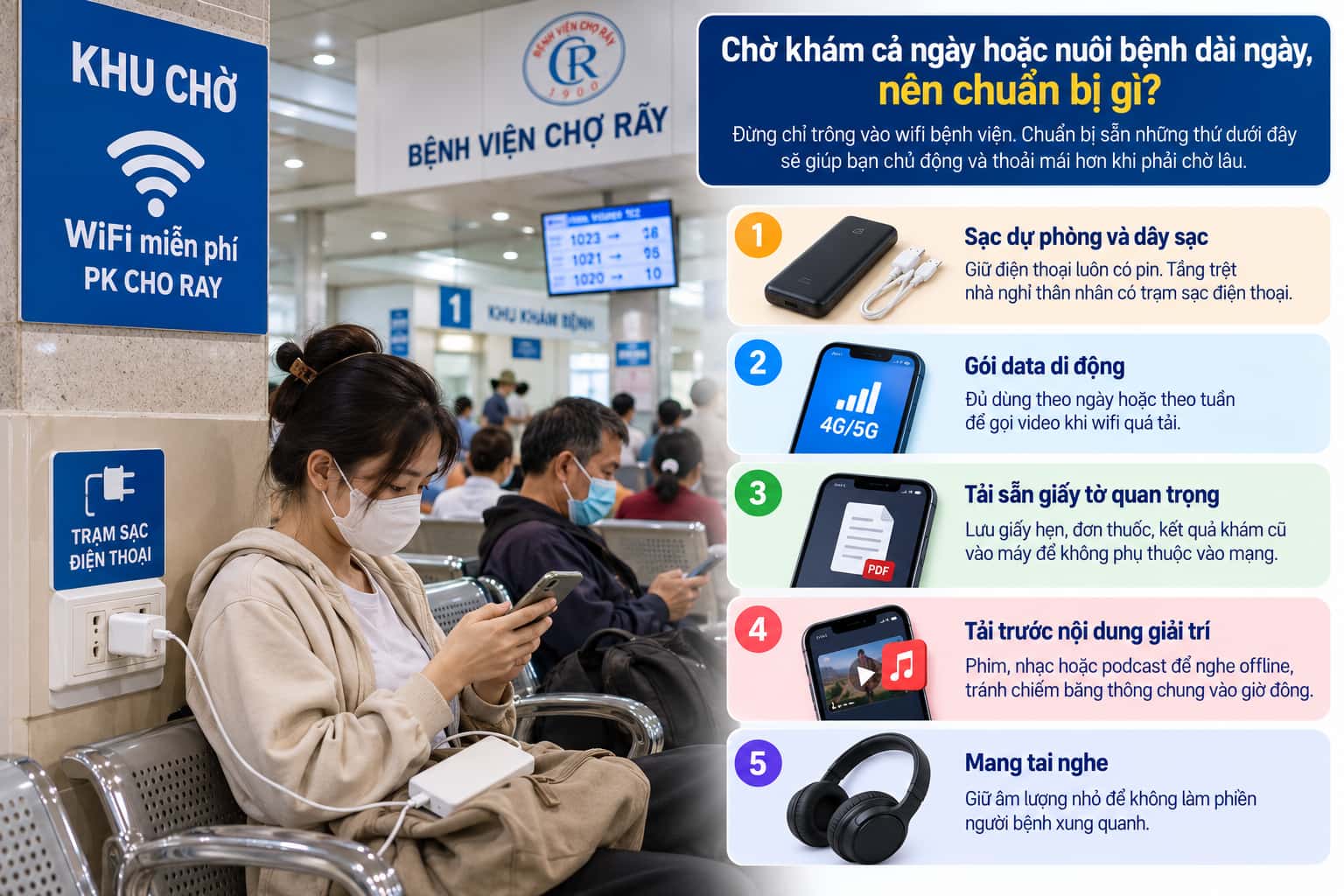Người nhà chờ lâu thường cần cả chỗ sạc pin lẫn kết nối ổn định.