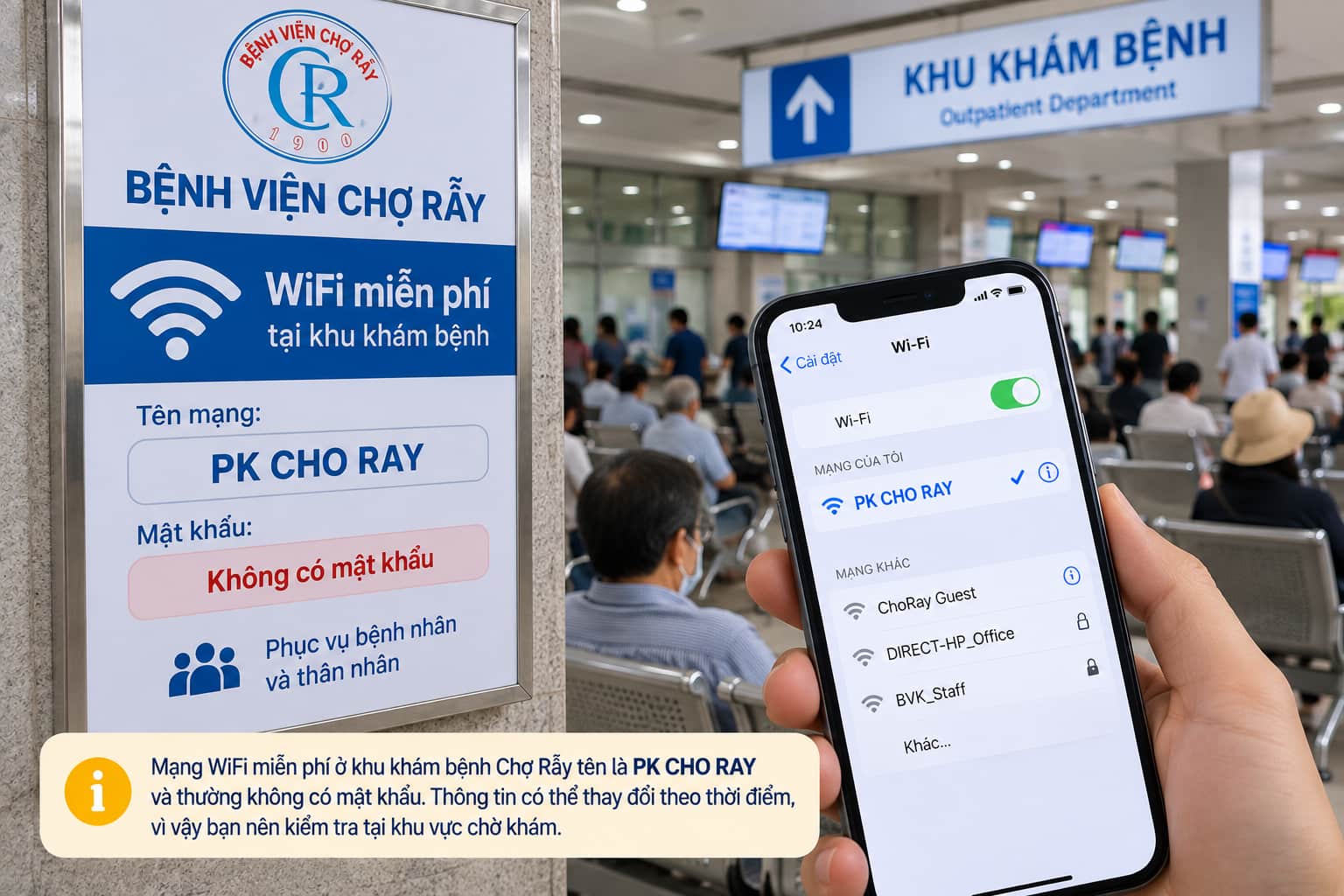 Thông tin wifi thường được niêm yết ở khu vực chờ khám đông người.