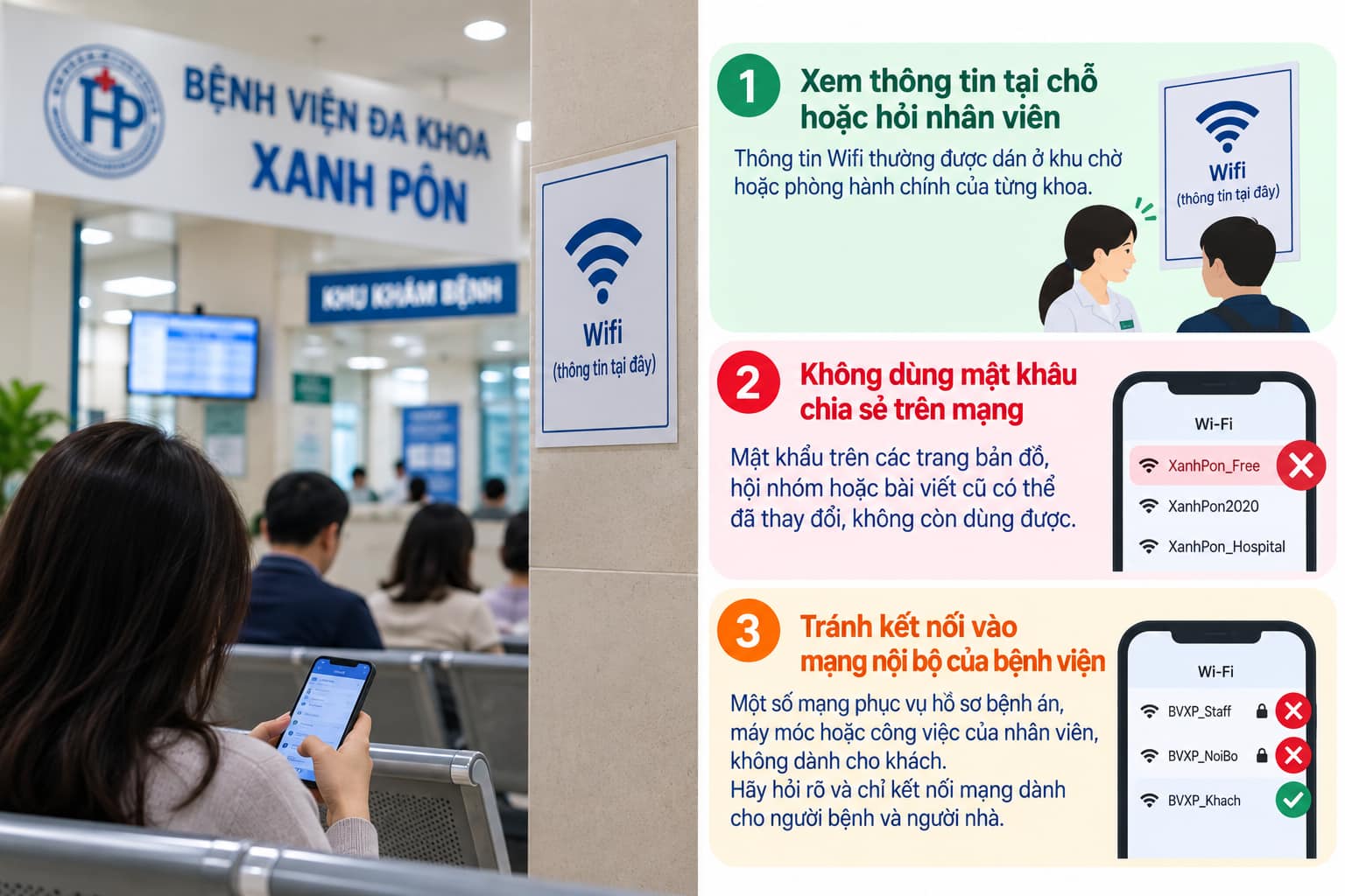 Thông tin Wifi thường được dán ở khu chờ hoặc phòng hành chính của từng khoa.