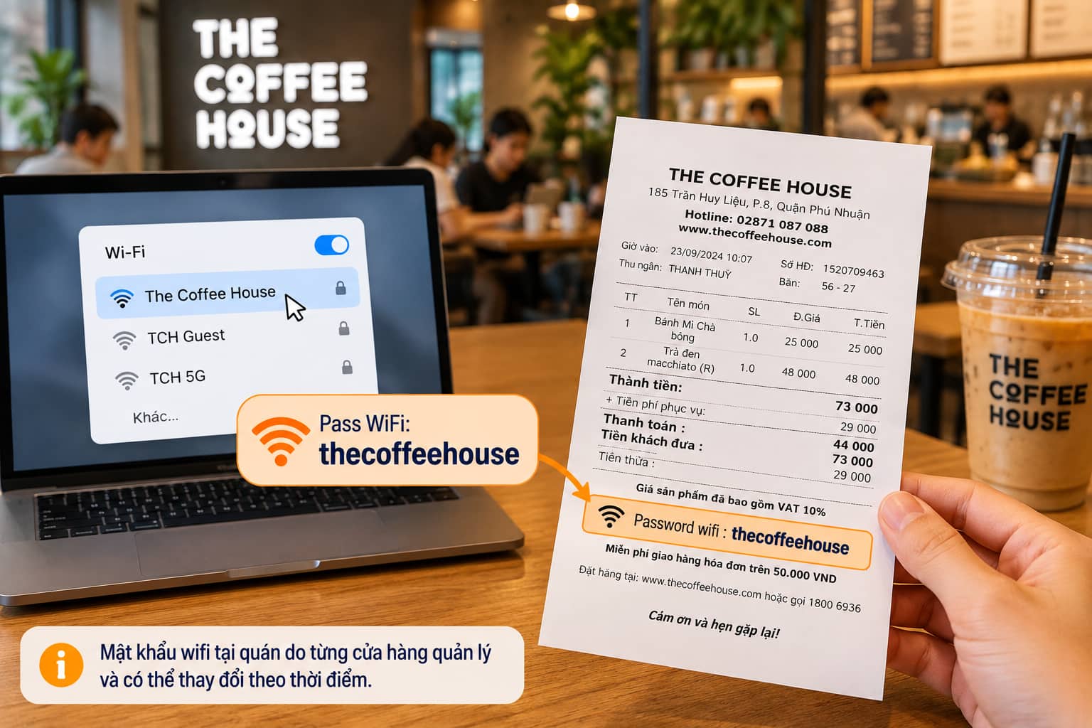 Mật khẩu wifi tại quán do từng cửa hàng quản lý và có thể thay đổi theo thời điểm