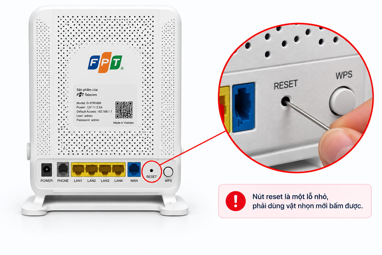 Nút reset thường là một lỗ nhỏ, phải dùng vật nhọn mới bấm được