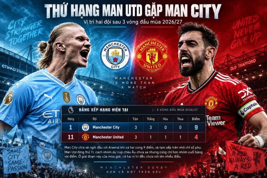 Thứ hạng Man Utd gặp Man City trước derby
