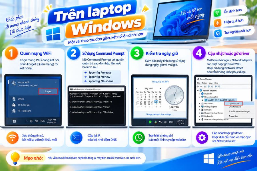Khắc phục việc WiFi đã kết nối nhưng không có Internet trên laptop Windows