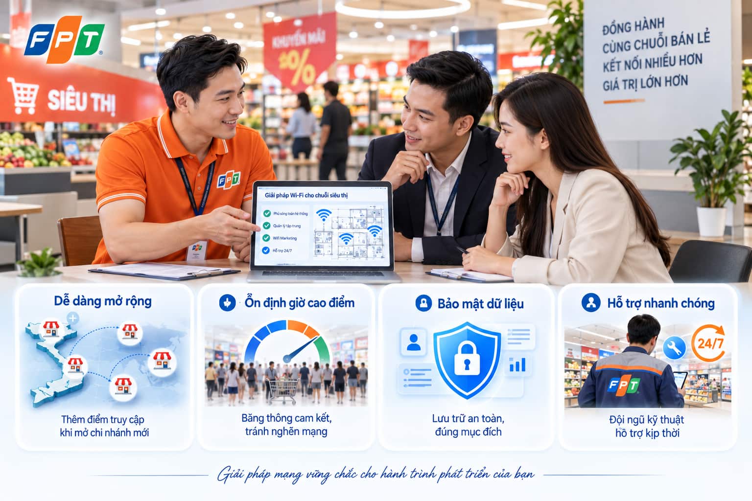 Nhân viên FPT tư vấn hạ tầng mạng cho chuỗi siêu thị