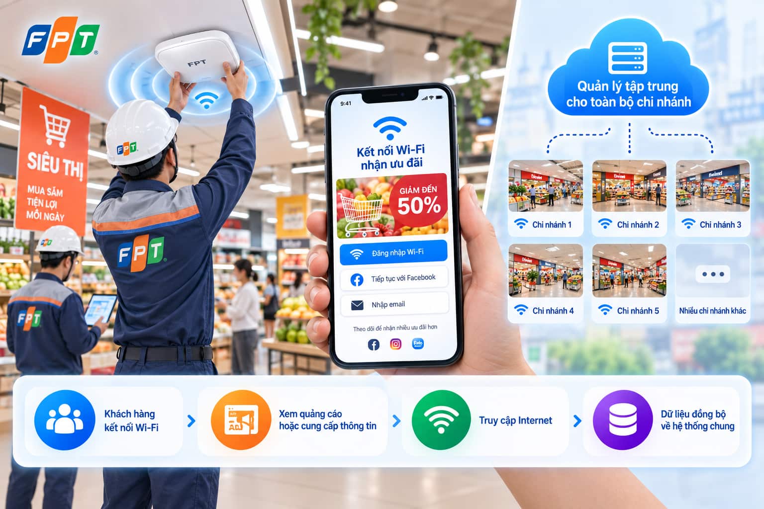 Kỹ thuật viên FPT thi công hạ tầng wifi cho chuỗi bán lẻ