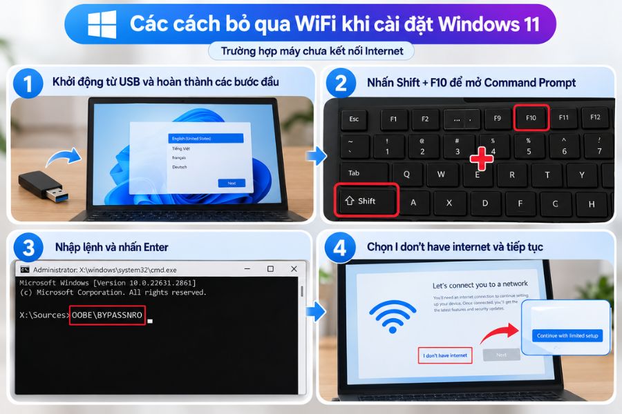Bỏ qua WiFi Win 11 khi máy chưa có Internet bằng Command Prompt