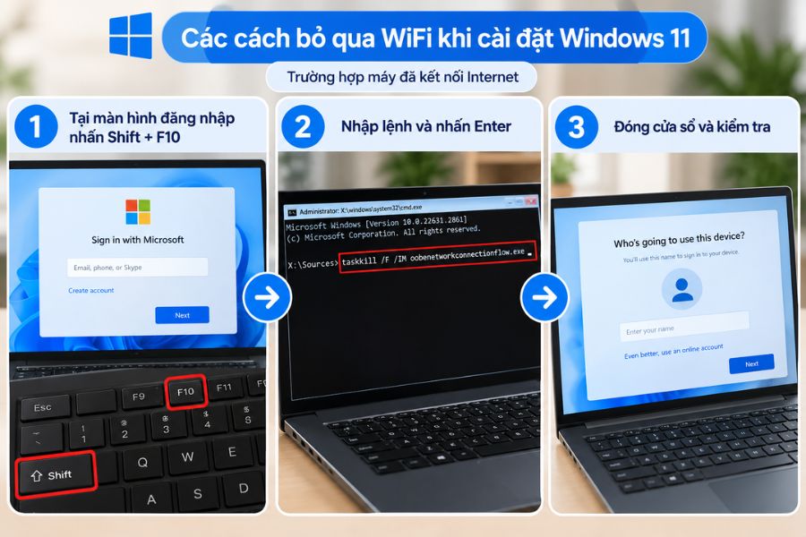 Bỏ qua WiFi Win 11 khi máy đã kết nối Internet để tiếp tục cài đặt