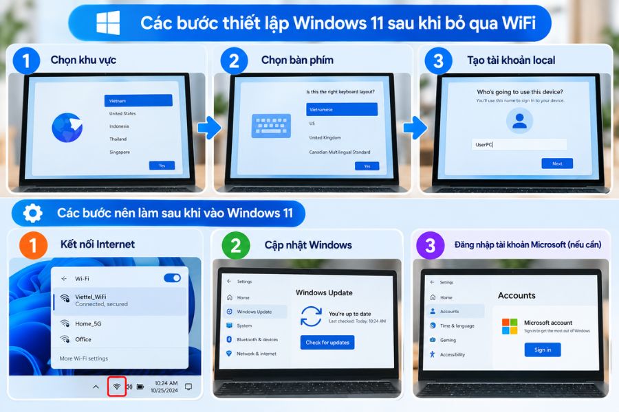 Bỏ qua WiFi Win 11 và các bước thiết lập Windows 11 sau khi hoàn tất cài đặt