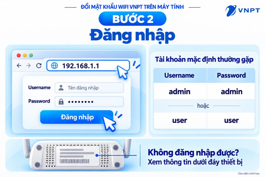 Nhập Username và Password in dưới modem.