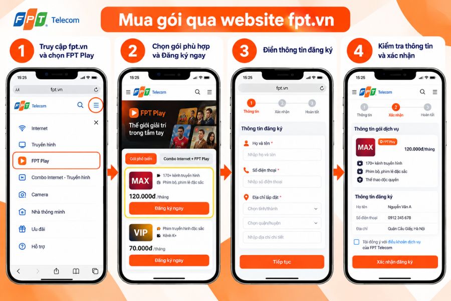 Cách mua gói FPT Play trên điện thoại qua website fpt.vn và đăng ký gói phù hợp