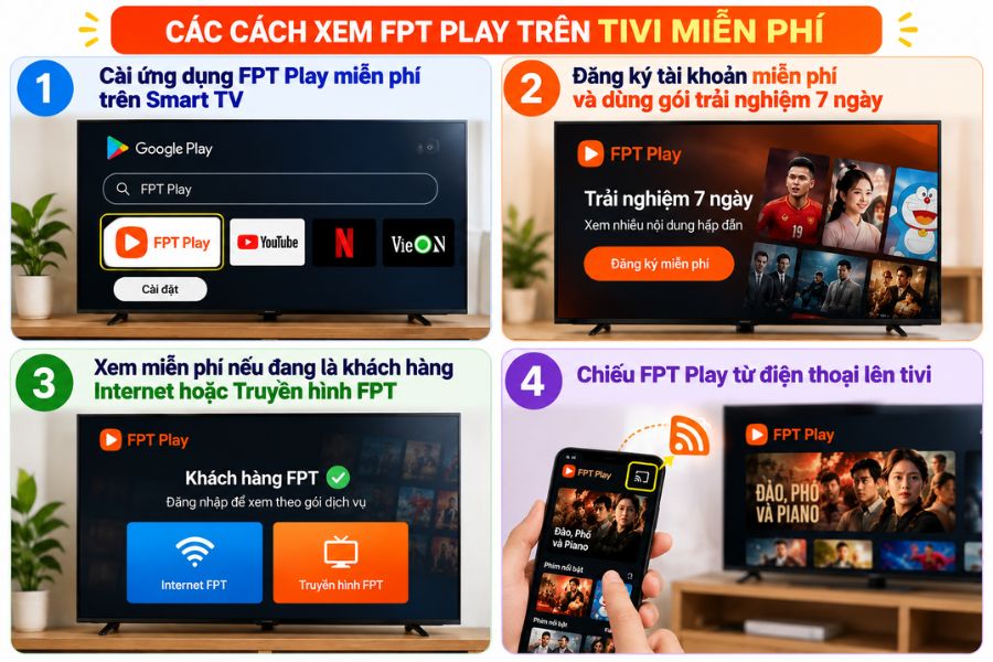 Cách xem FPT Play trên tivi miễn phí bằng ứng dụng, tài khoản dùng thử hoặc chiếu từ điện thoại