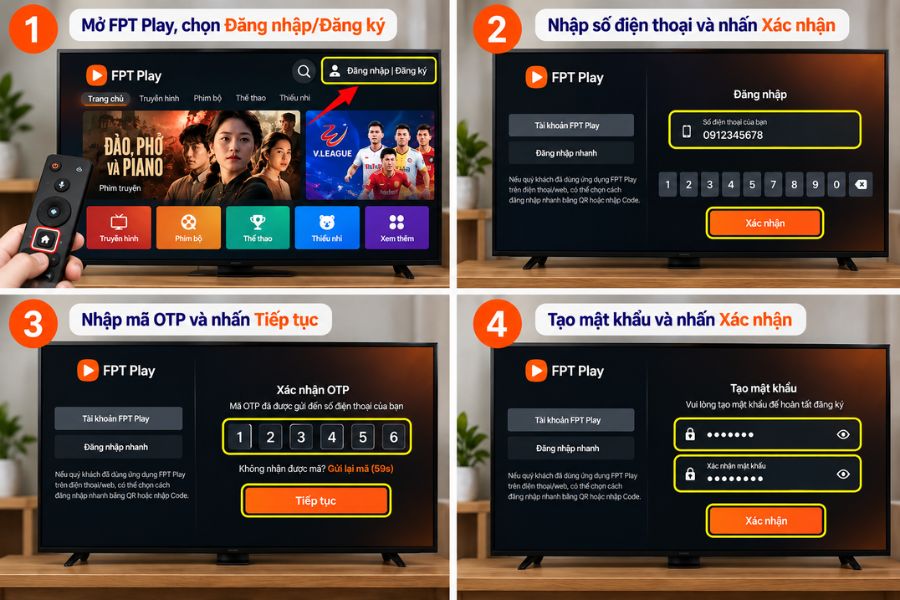 Cách xem FPT Play trên tivi miễn phí bằng cách đăng ký tài khoản với số điện thoại