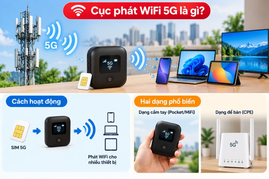 Cục phát wifi 5G là thiết bị dùng SIM 5G để phát WiFi cho nhiều thiết bị cùng lúc