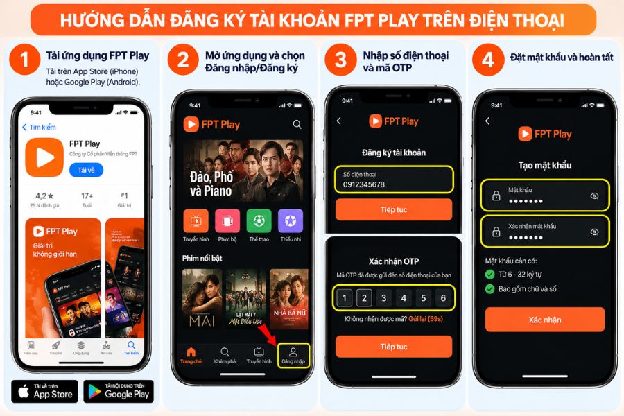 Đăng ký FPT Play trên điện thoại bằng số điện thoại, mã OTP và mật khẩu