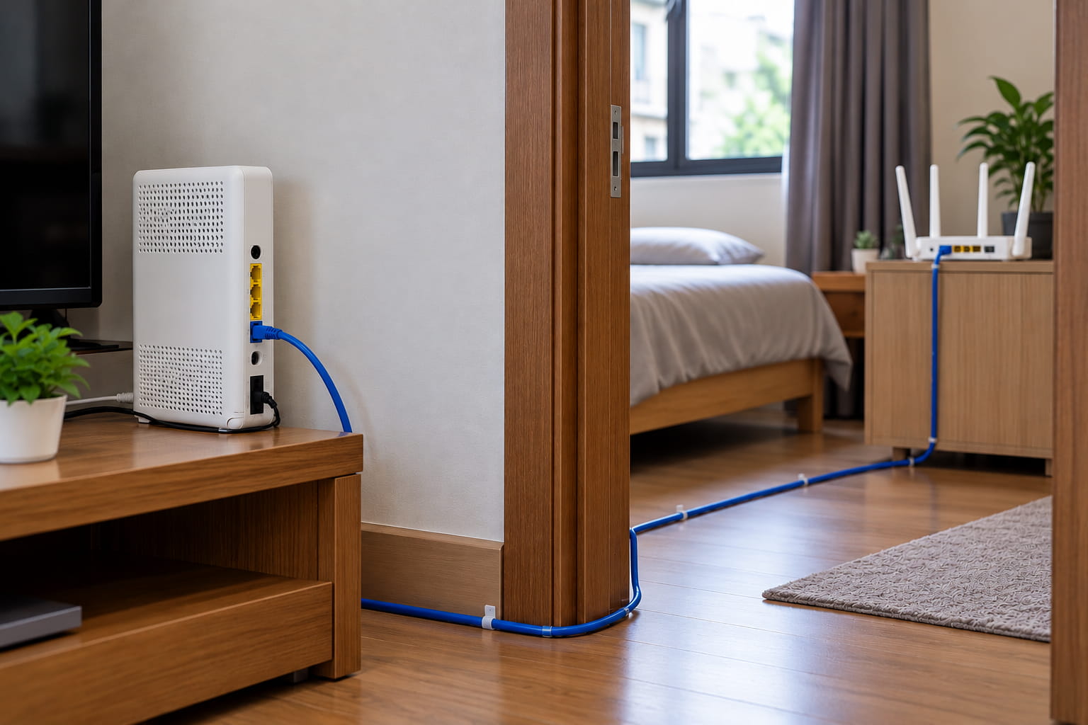 Dây LAN nối modem với router Wi-Fi