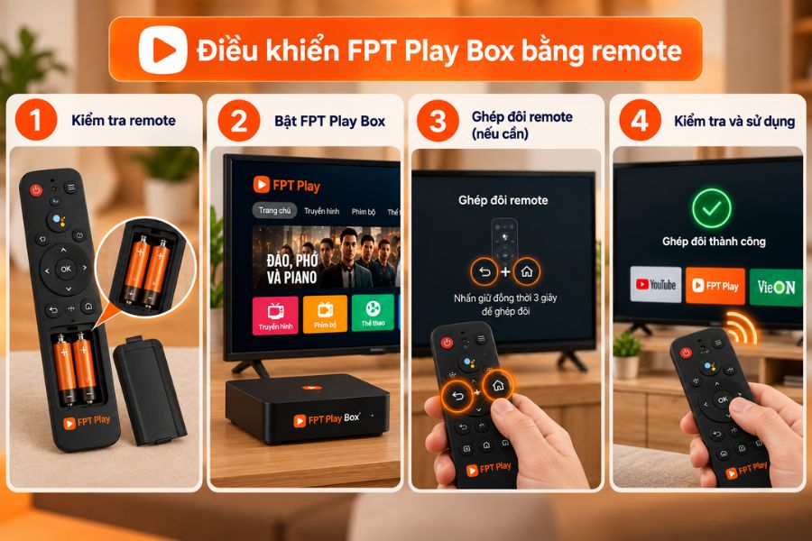 Điều khiển FPT Play Box bằng remote sau khi kiểm tra và ghép đôi thiết bị