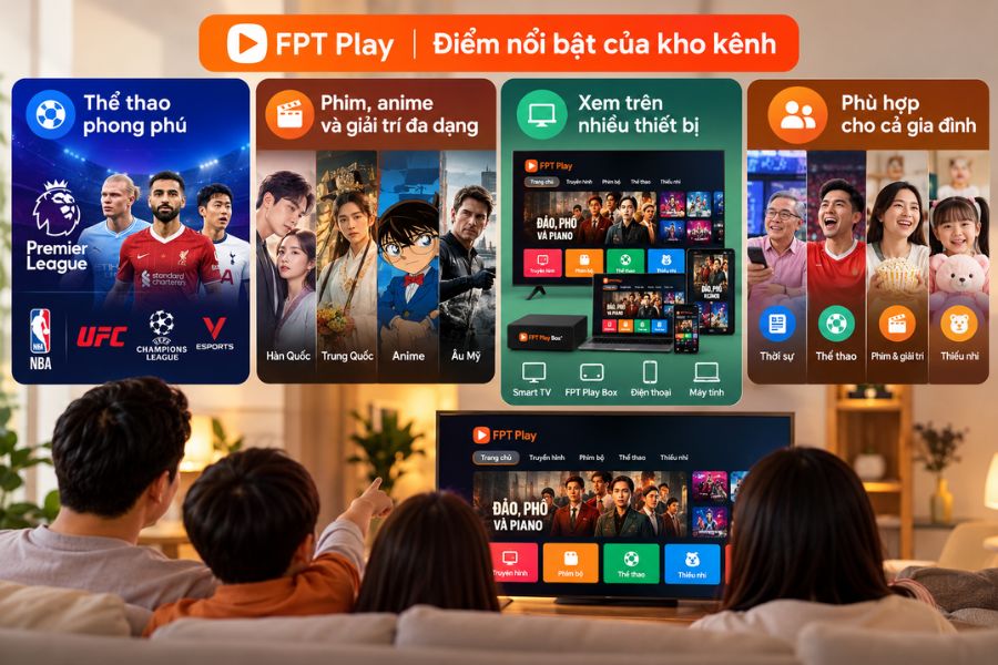 Kênh FPT Play có nội dung thể thao, phim ảnh, giải trí và phù hợp cho nhiều thành viên trong gia đình