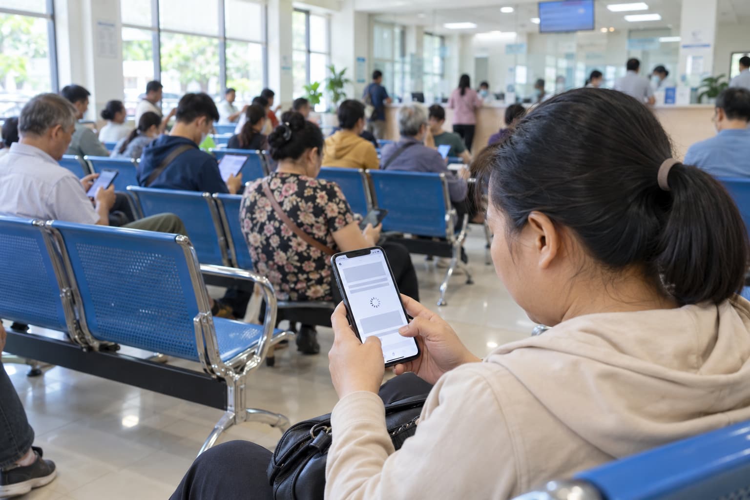 Người nhà dùng điện thoại tại khu chờ
