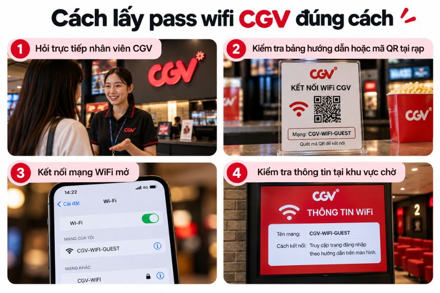 Hướng dẫn tìm Pass WiFi CGV bằng cách hỏi nhân viên, quét mã QR hoặc kiểm tra thông tin WiFi tại khu vực chờ