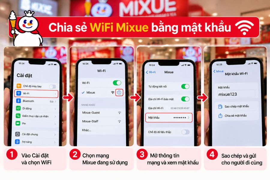 Hướng dẫn xem và chia sẻ Pass WiFi Mixue bằng mật khẩu