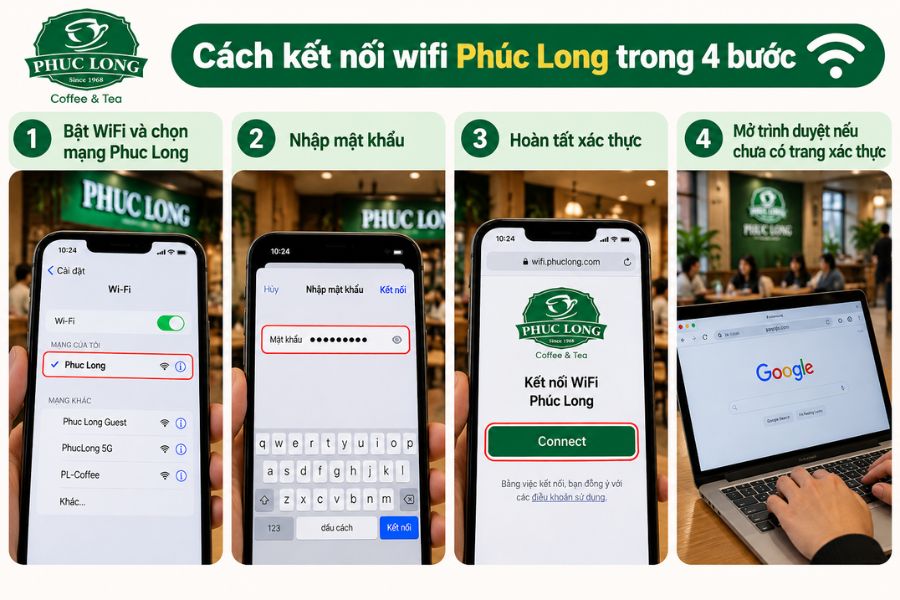 Hướng dẫn kết nối Pass WiFi Phúc Long trong 4 bước đơn giản