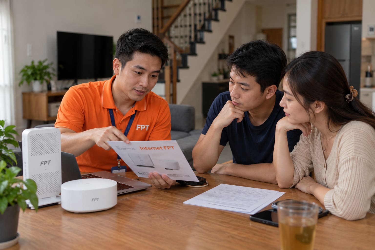 Nhân viên FPT Telecom tư vấn lắp mạng Internet WiFi 6 cho gia đình tại nhà