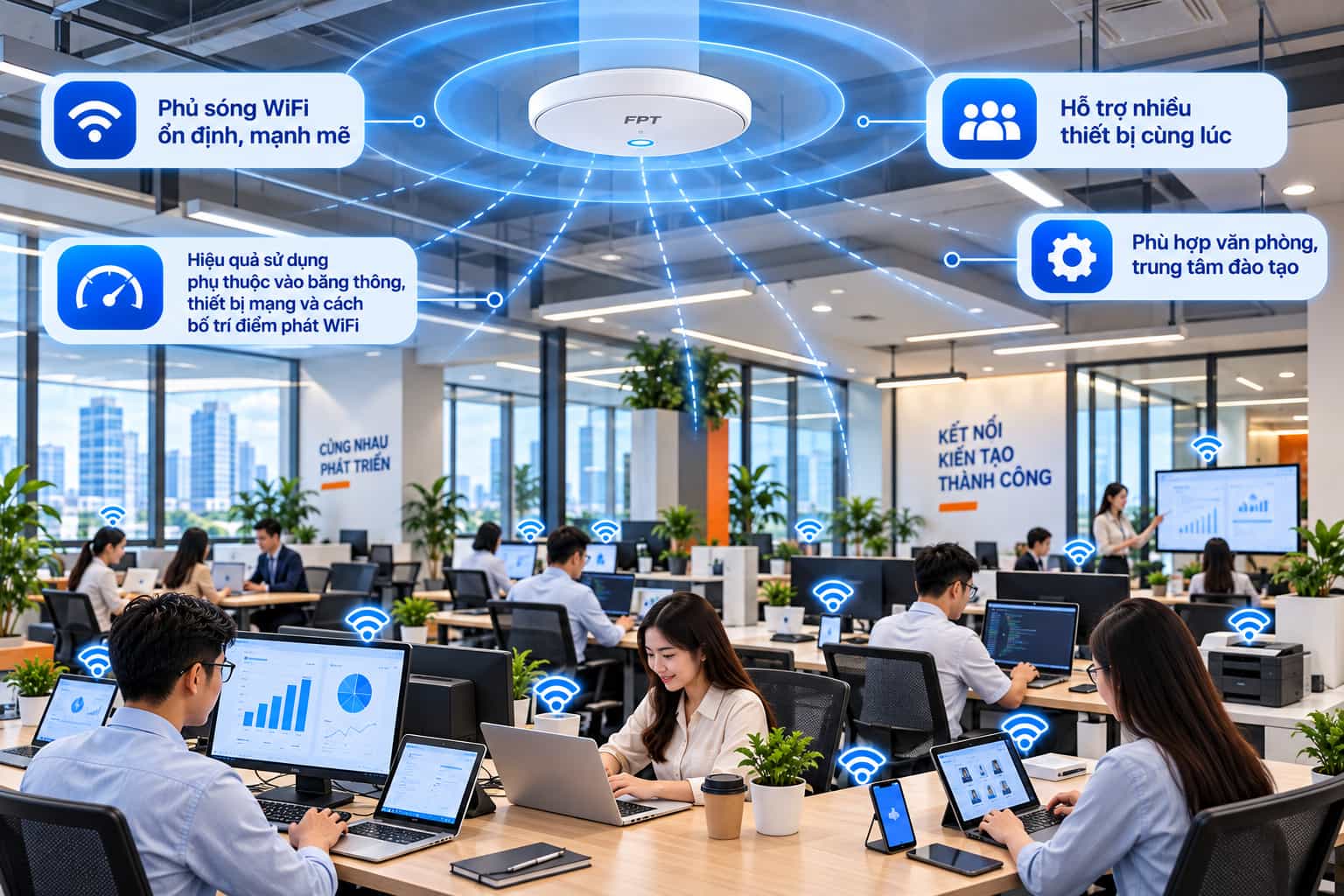 Hiệu quả sử dụng phụ thuộc vào băng thông, thiết bị mạng và cách bố trí điểm phát WiFi.
