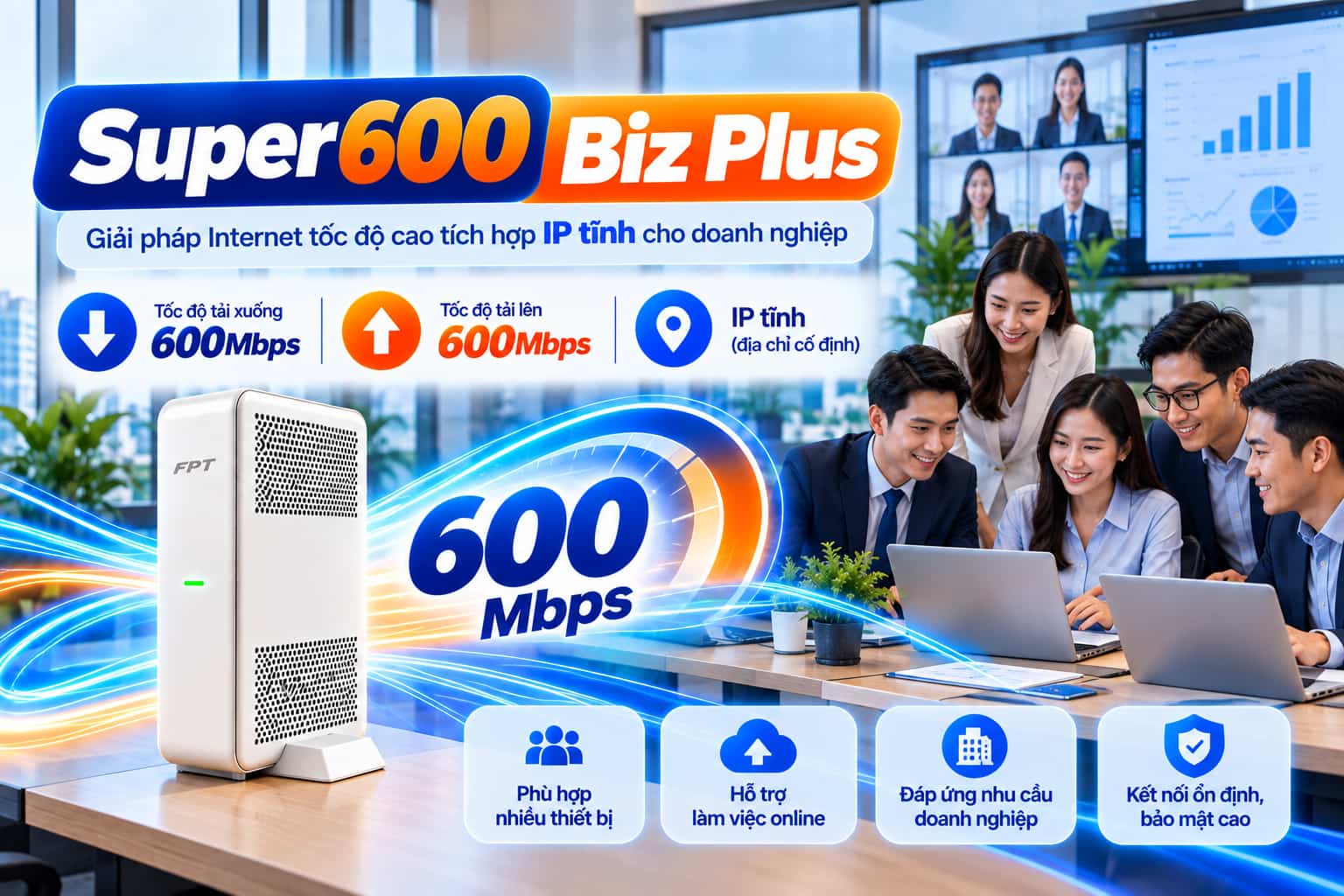 Gói Super600 Biz Plus FPT tốc độ 600Mbps tích hợp IP tĩnh.