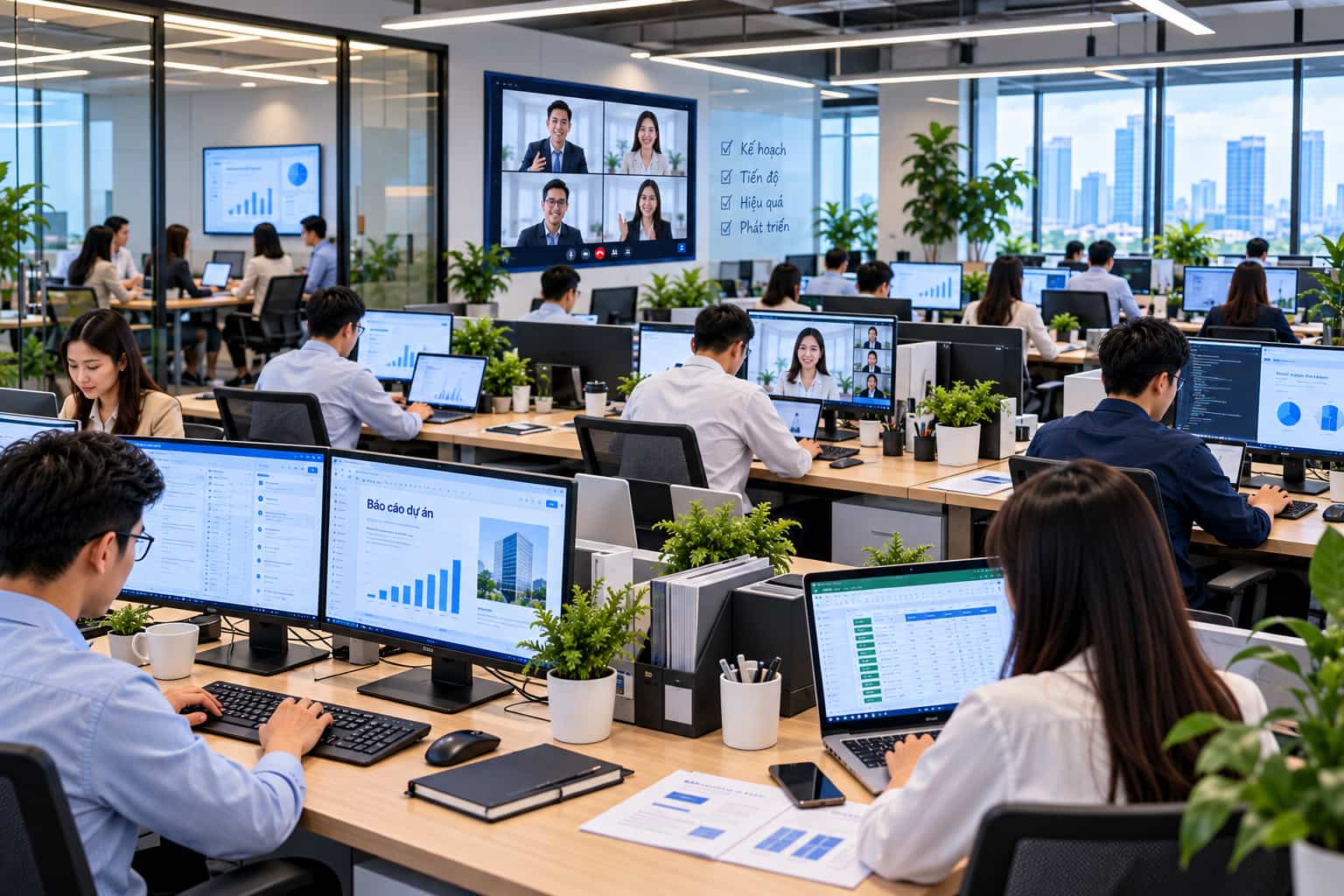Nhân viên văn phòng họp trực tuyến và trao đổi dữ liệu trên nhiều máy tính.