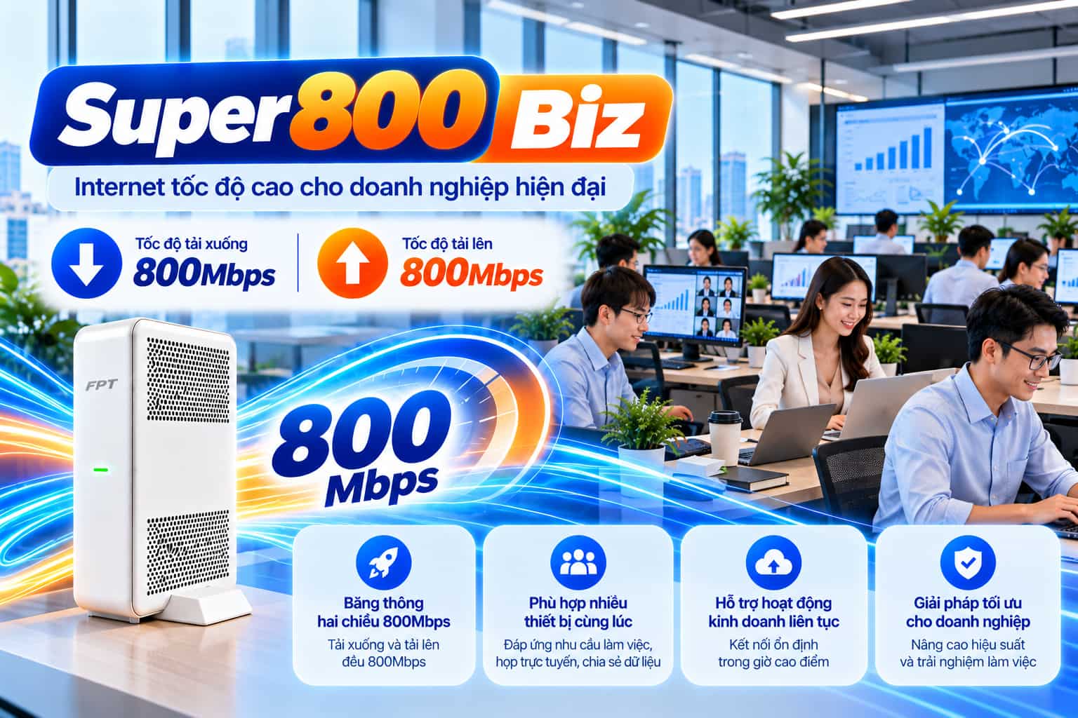 Gói internet Super800 Biz FPT tốc độ tải xuống và tải lên 800Mbps.