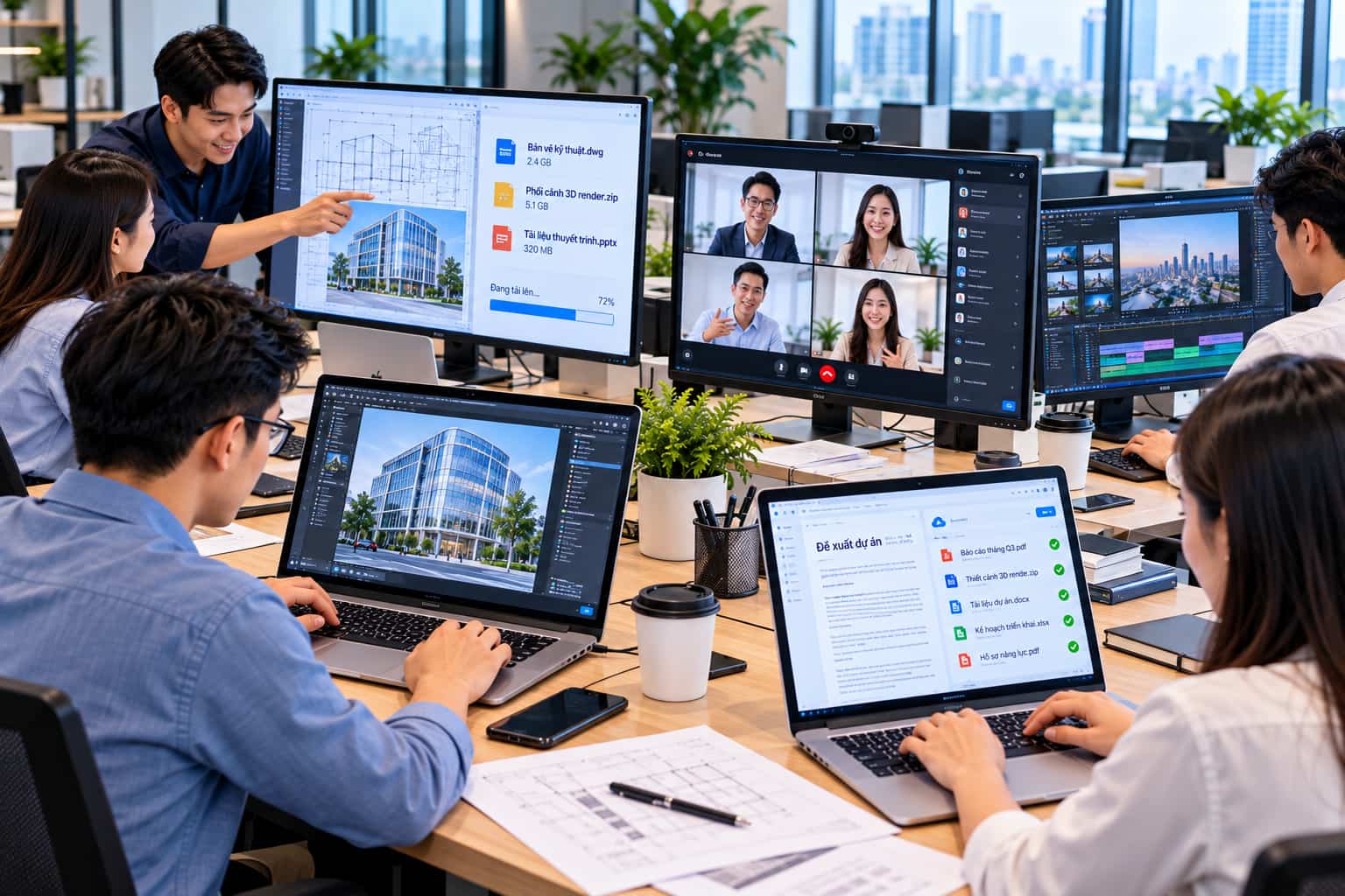 Nhân viên trao đổi tệp thiết kế và họp trực tuyến trên nhiều máy tính.