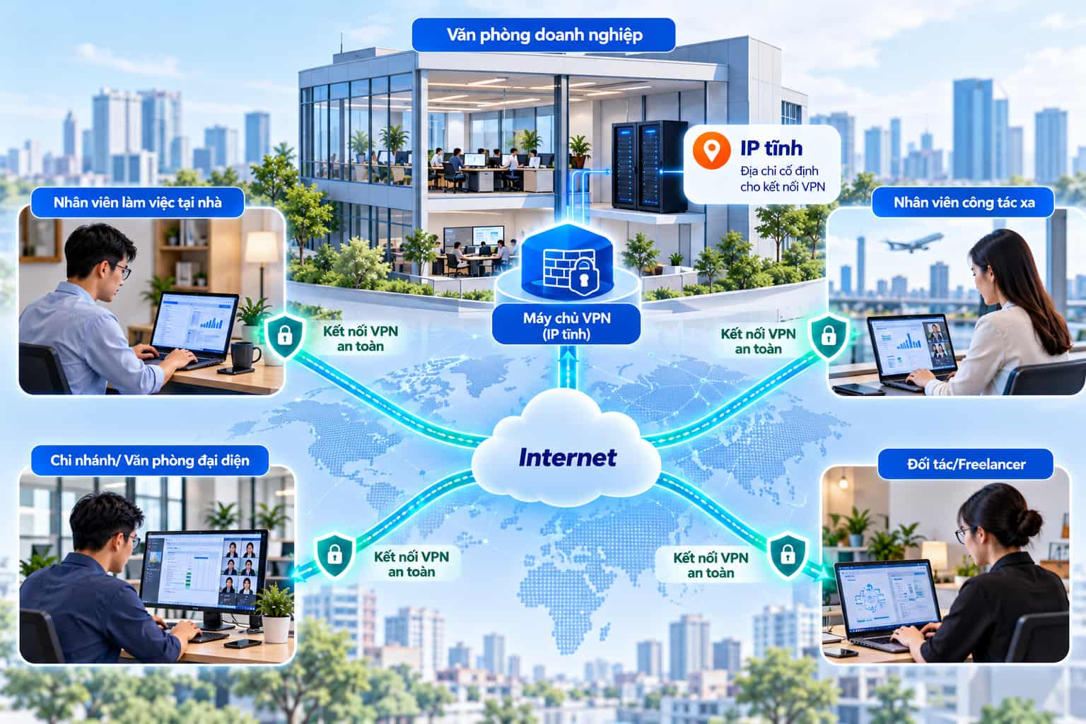 Sơ đồ kết nối VPN từ xa về mạng doanh nghiệp qua IP tĩnh.