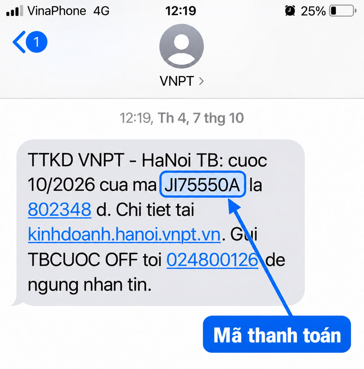 Tin nhắn thông báo cước mạng VNPT