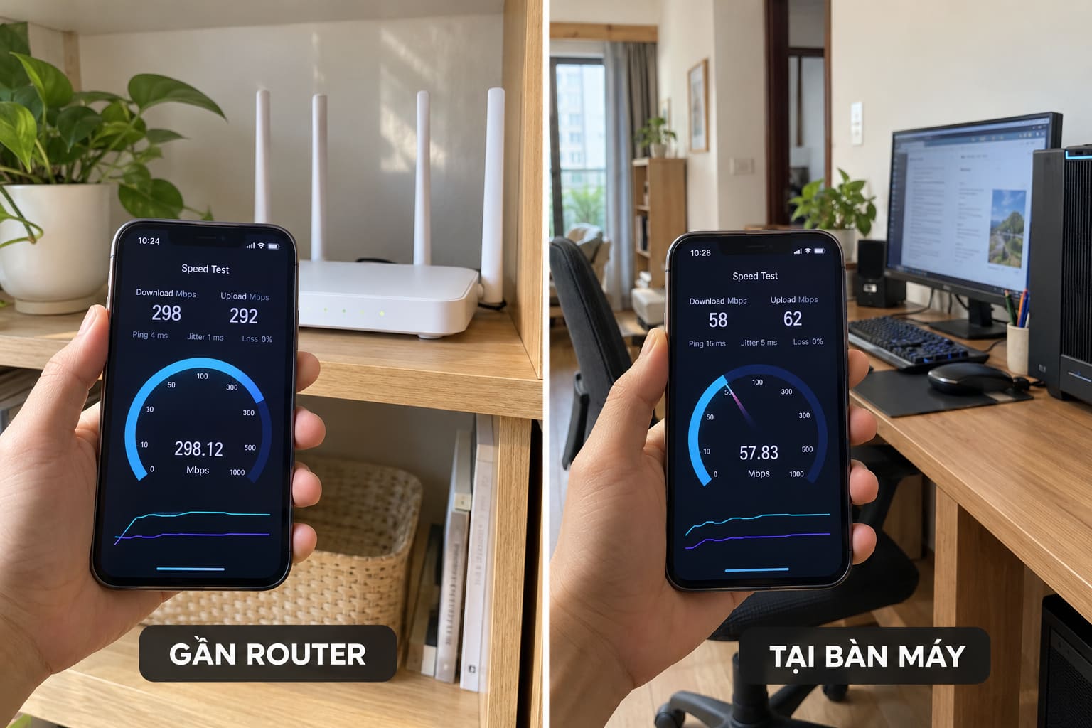 Đo tốc độ Wi-Fi cạnh router và bàn máy